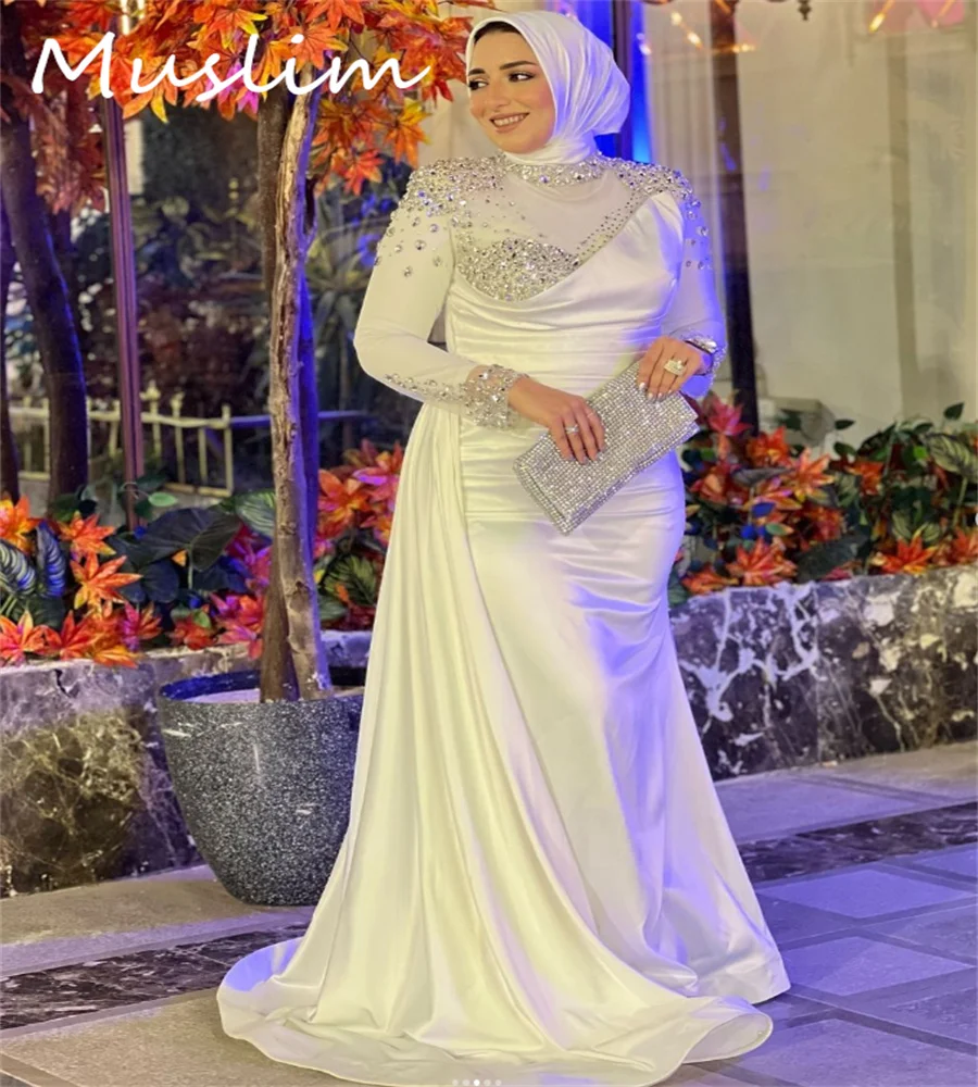 Crystal Muslim Wedding Dresses 2025 Elegant Rhinestone Long Sleeve Mermaid Islamic Country Bridal Dress Gatsby Bride Customized