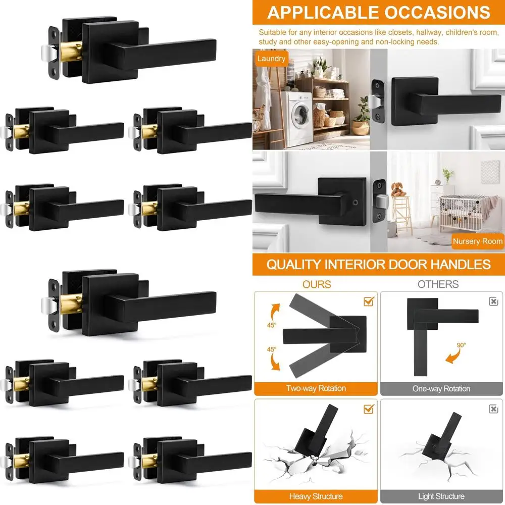 

Matte Black Square Non-Locking Door Handles, Heavy Duty for Interior Doors, Reversible for Right or Left Sides