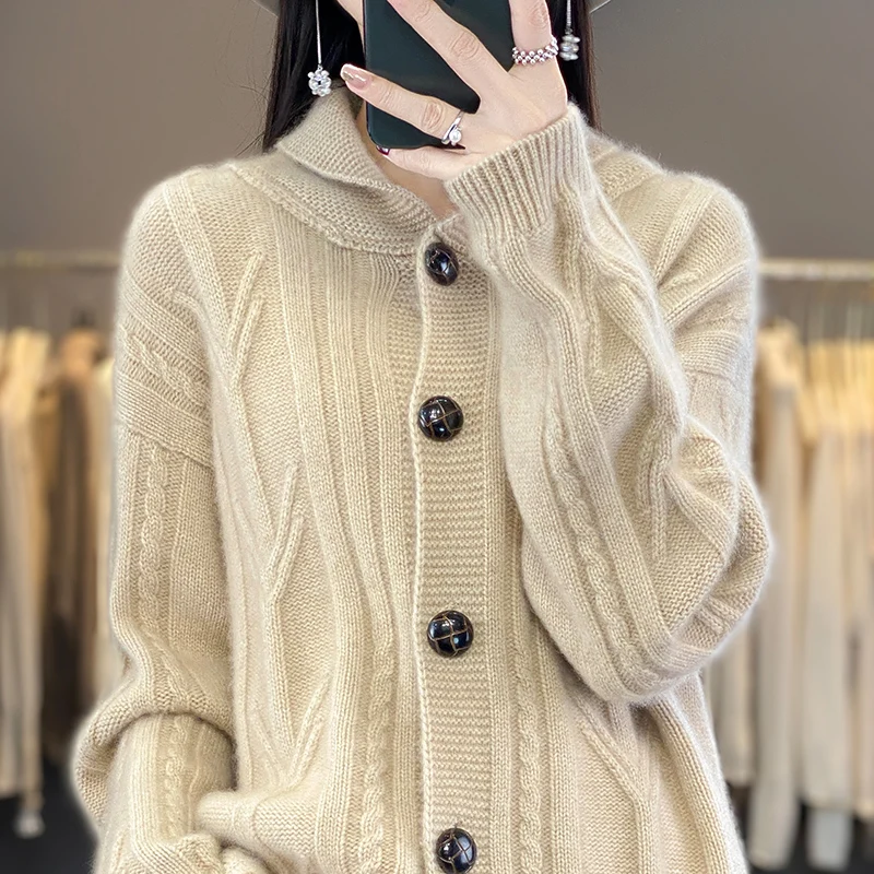 

Autumn and winter new 100% merino sweater women's knitted cardigan button loose twisted solid color padded fashion top