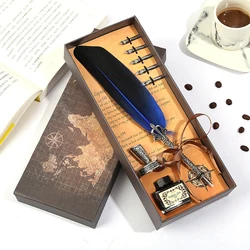 Retro Calligraphy Feather Dip Pen Vintage Writing Ink Pen Sets Stationery Quill Pens Seal Stamp Kit for School Office Supplies