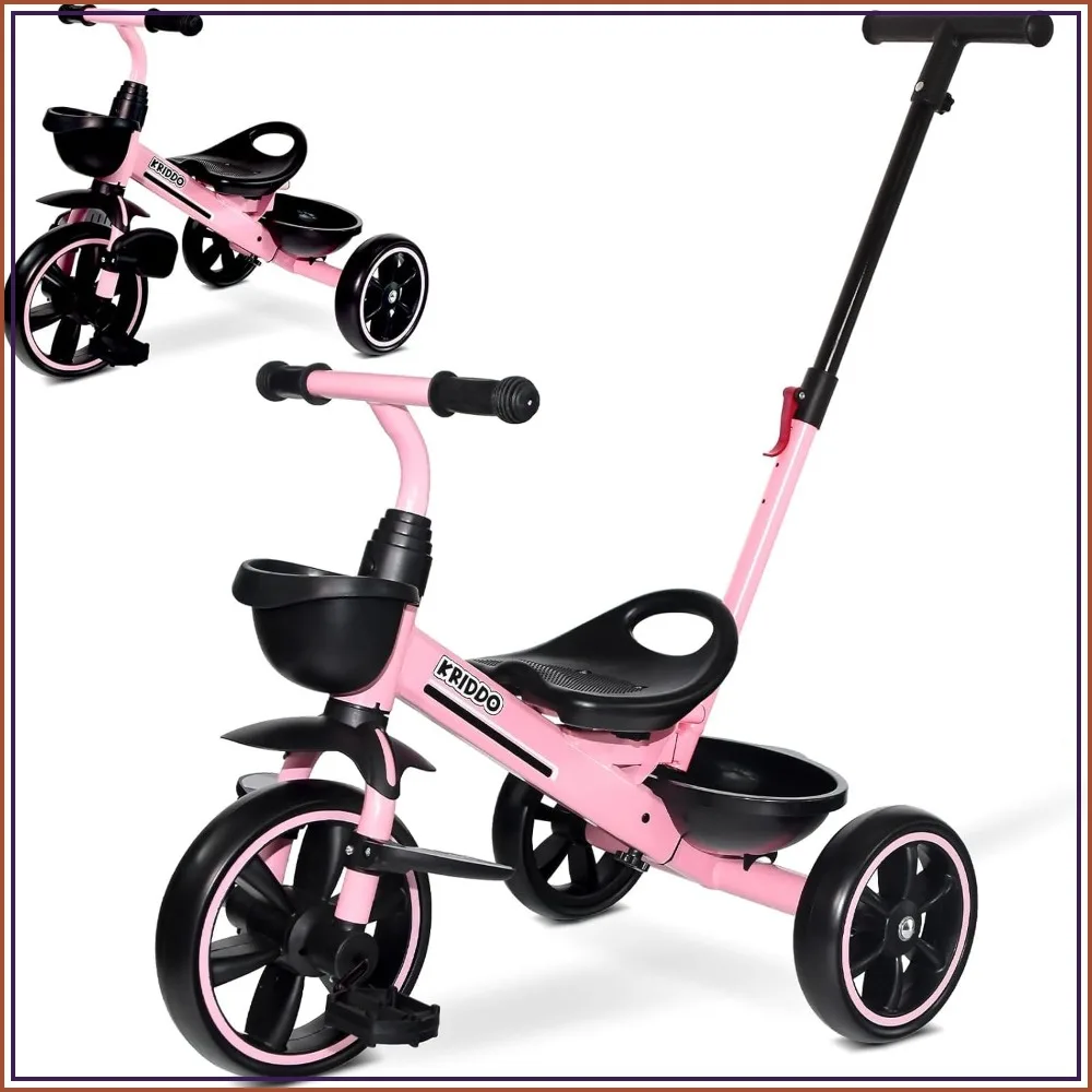 2-in-1 Toddler Tricycle for Ages 18 Months to 5 Years - Extended Push Handle, Foldable Footrest, Pink