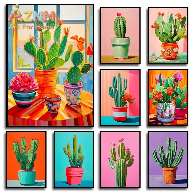 Colorful Cactus Flower Vase Still Life Canvas Print Poster Neutral Watercolor Abstract Botanical Art Prints Wall Art Home Decor
