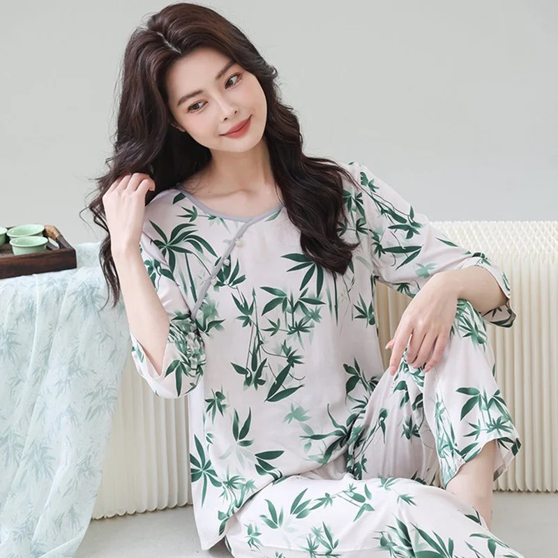 

XL-4XL Fresh Printed Mother Sleepwear Set New Spring Fall Nightwear Pajamas For Women Cotton Rayon Home Clothing Lounge Nightie