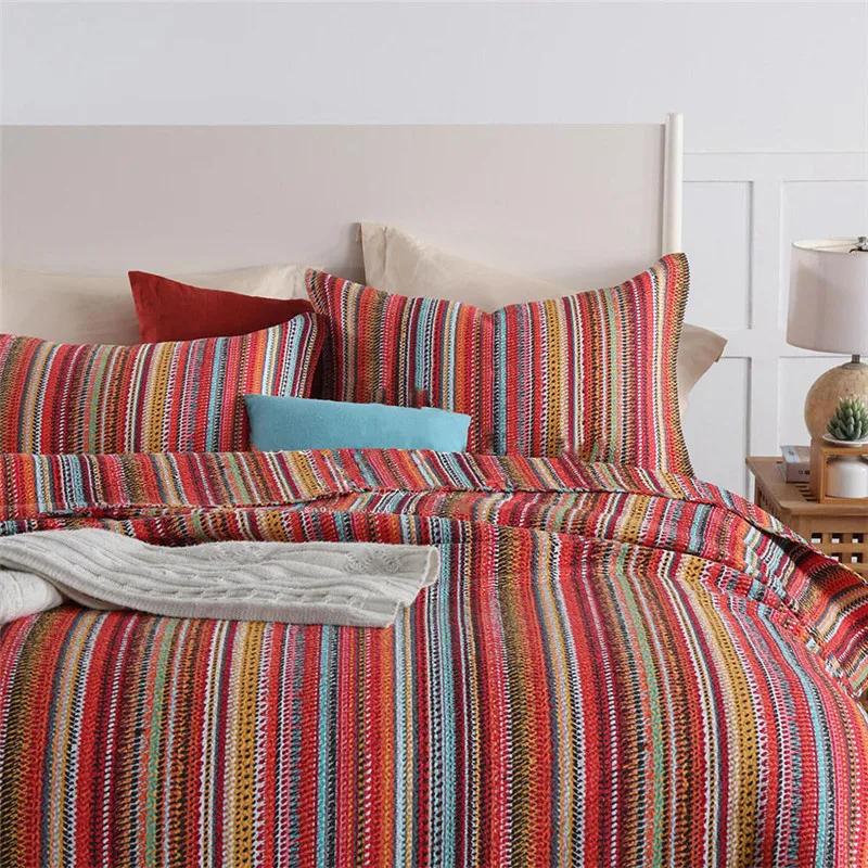 Bohemia Striped Cotton Quilted Bedspread for Bed, Quilt Set, Reversible Summer Quilt, Comforter Blanket, Queen Size Bed Cover