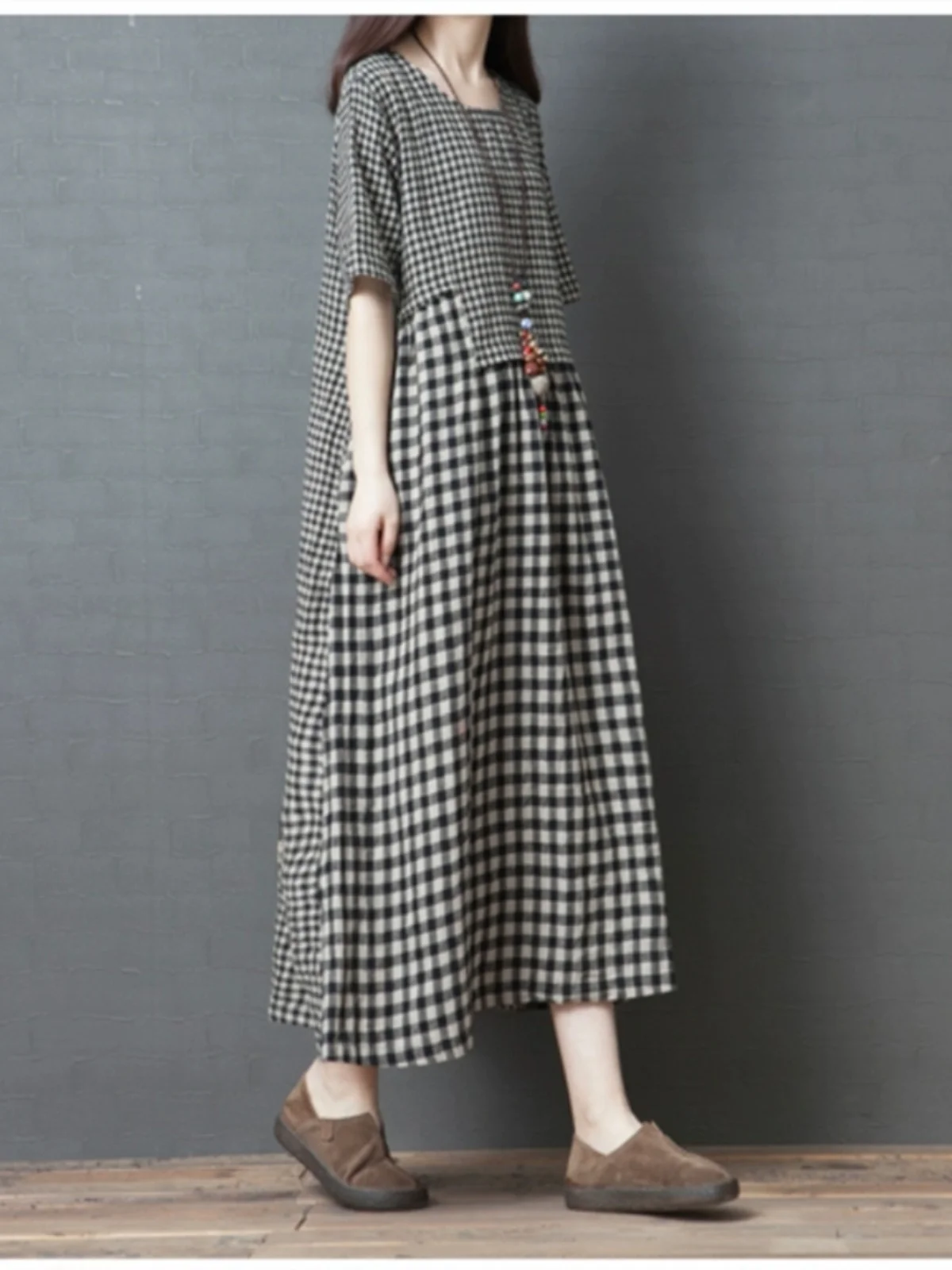 Lâche coréenne Sle femmes Dr été nouveau Faion Patchwork coton lin Plaid ort Sve Long Dr décontracté trajet