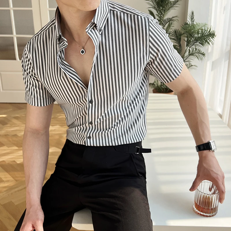 

Camisas De Hombre Summer New Striped Shirts For Man All Match Turn Down Collar Business Formal Wear Slim Fit Short Sleeve Blouse