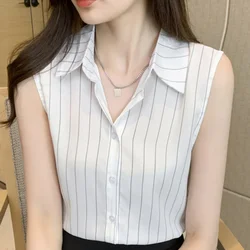 Woman Shirts V-neck Sleeveless Striped Laides Tops Chiffon Women Shirts Blouses Button Up Female Tops Fashion Clothes Woman 2024