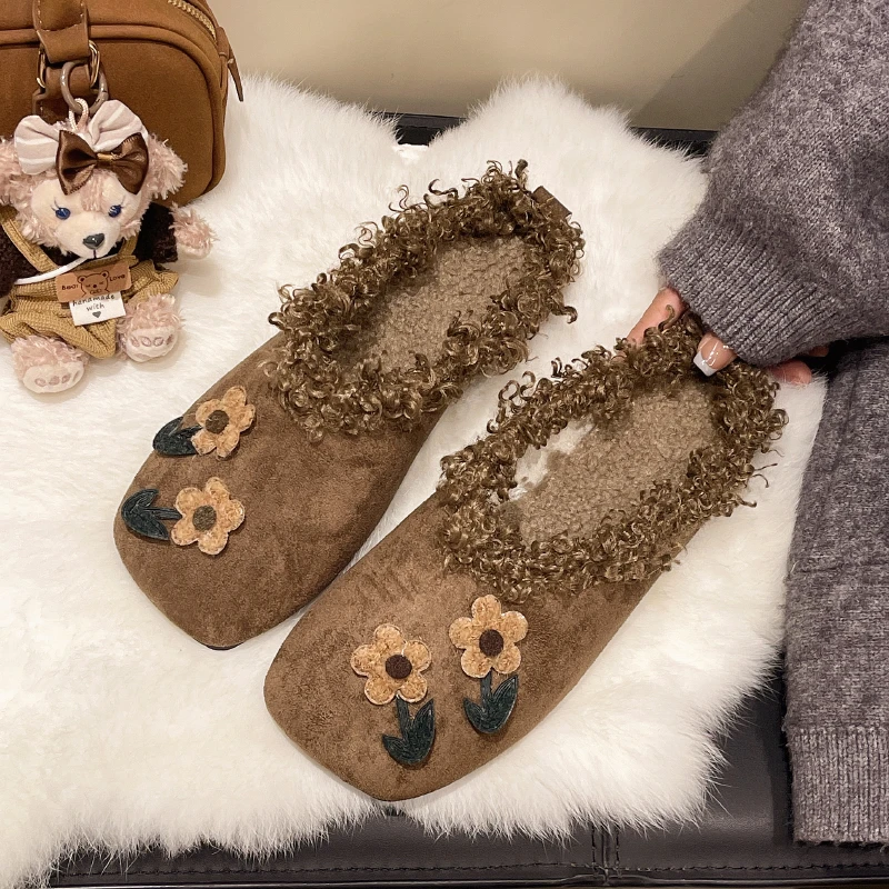 

Mules Shoes Women Flats Slippers Flower Suede Casual Slingback Square Toe Flip Flops Designer New Winter Walking Slides