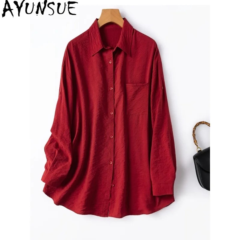 

AYUNSUE 76% Silk Women's Blouses and Shirts Long Sleeve Tops for Woman Mid-length Loose Red Blouse Woman Clothes Блузка Женская