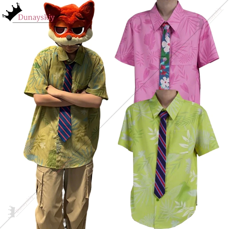 

Fox Nick Wilde Cosplay Shirt Costume Summer Casual T-shirt Green&Pink Shirt With Tie Top Uniform Halloween Unisex Outfit