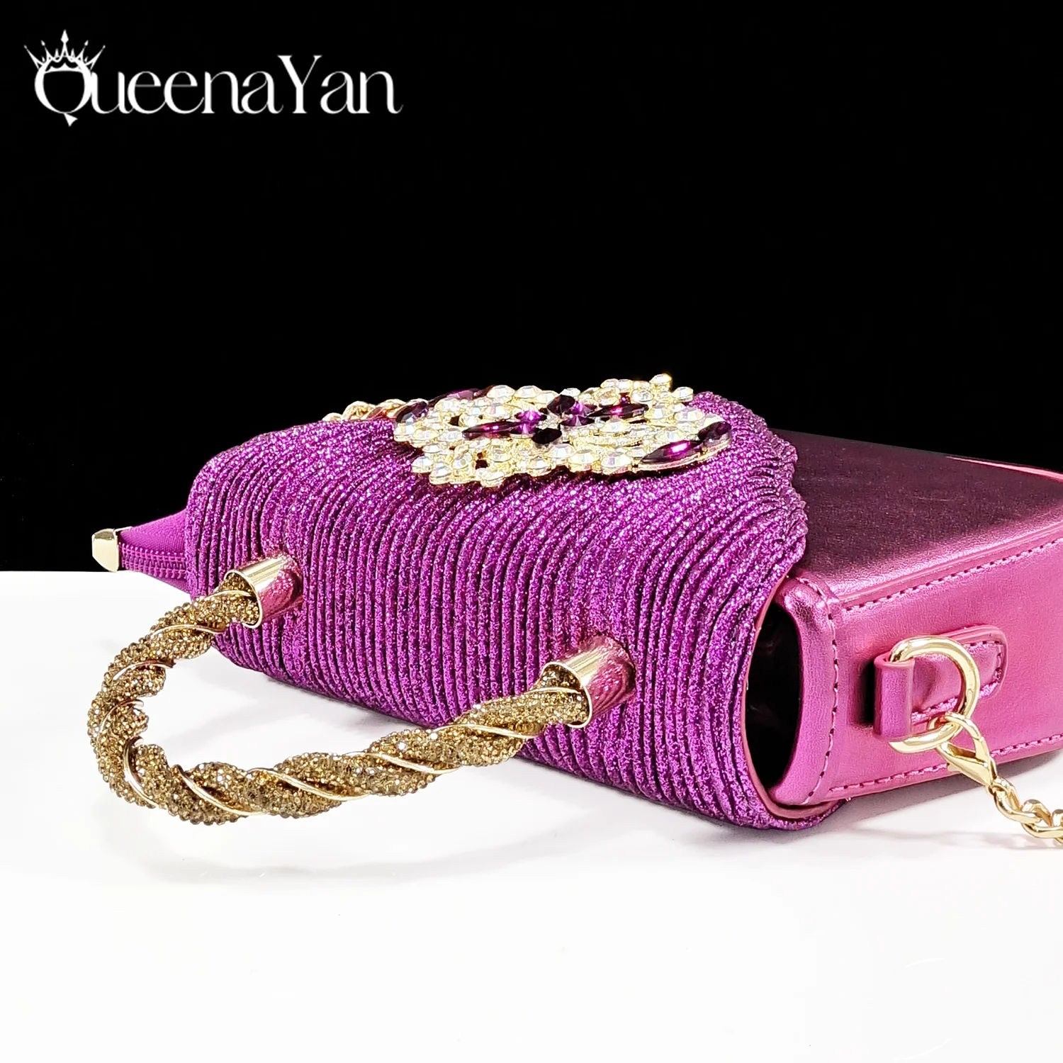 QSGFC włoski design magenta kolor szpiczasty nosek zestaw butów i toreb Rhinestone luksusowe damskie buty na wysokim obcasie na wesele — zdjęcie 6