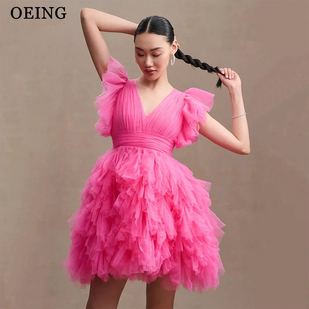 

OEING Princess Hot Pink Mini Prom Dresses Sexy Ruffles Short Sleeves Cocktail Party Dress Night Club Event Celebrity Gowns