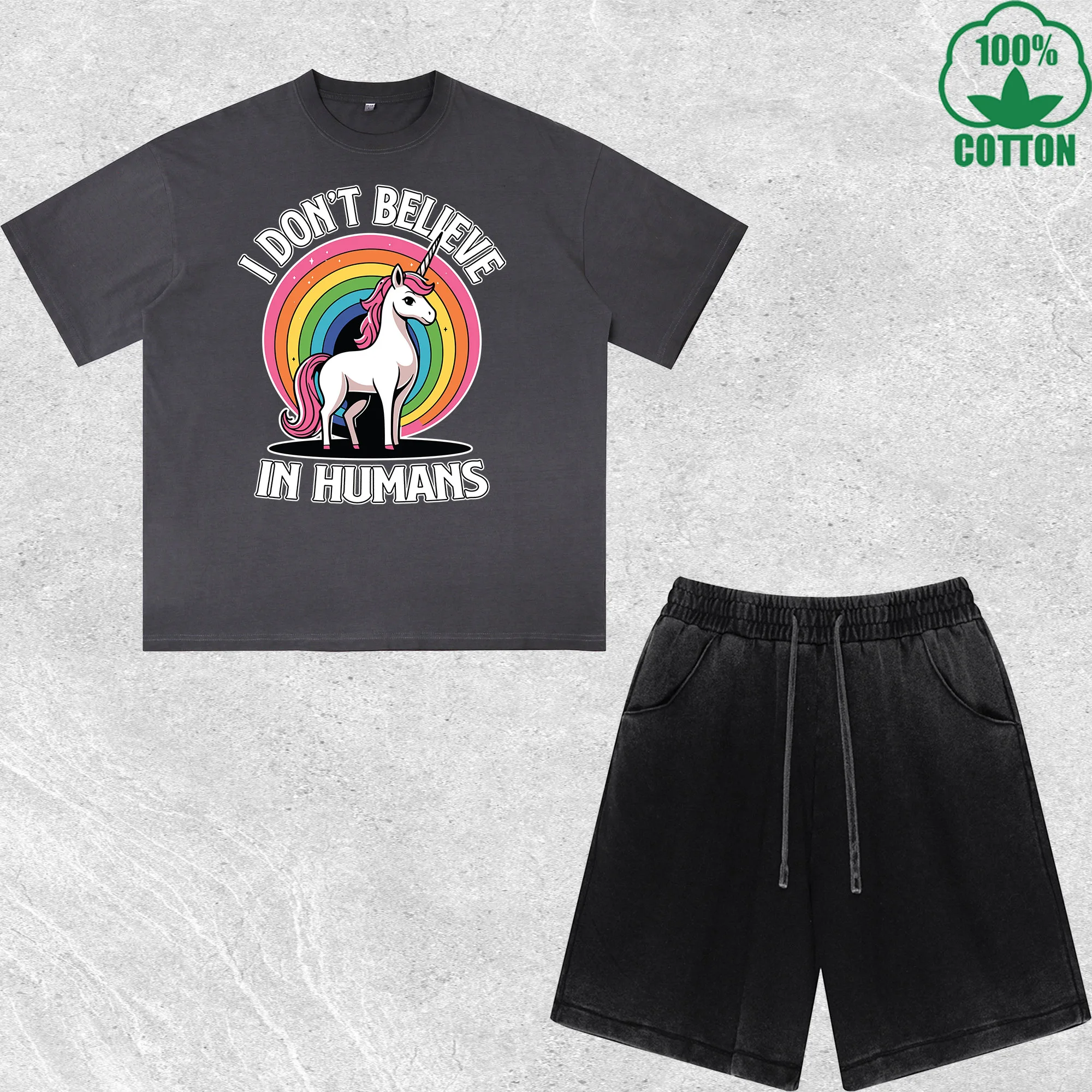 

Interest Unicorn Printed Dirty Wash T-Shirt Shorts Set Multicolor Combo Loose Trendy Fashionable 100%Cotton