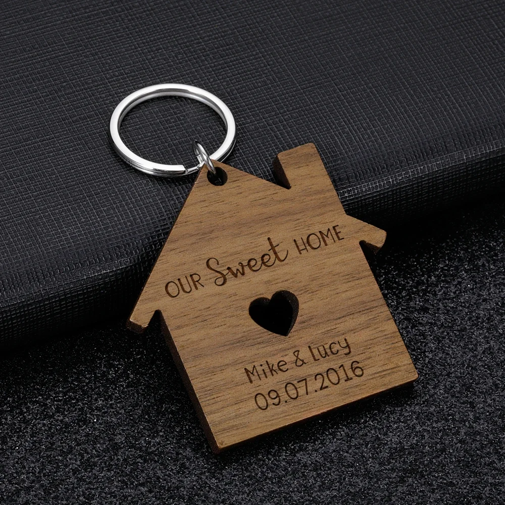 Sweet Home Keychain Personalized Wooden Keychians Customized Name For Women Couple Boyfriend Anniversary Romantic Gift Keyring