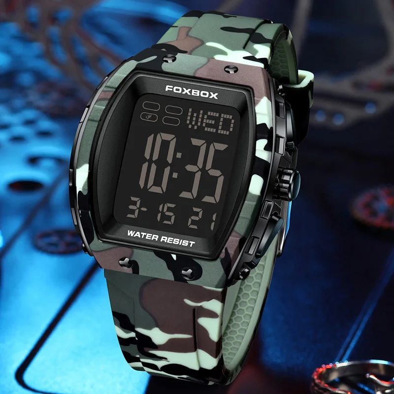 FOXBOX Military Camouflage Men Watch Sports Waterproof Digital Wristwatch LED Luminous Date Week Army Green Silicone Man Watches