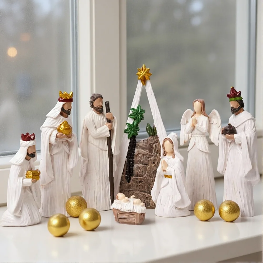 8 قطعة/المجموعة ولادة يسوع المهد مدير مجموعة عيد الميلاد الديكور الأسرة المقدسة الحرف تمثال الراتنج الأسرة المقدسة الجدول الحلي ﻿