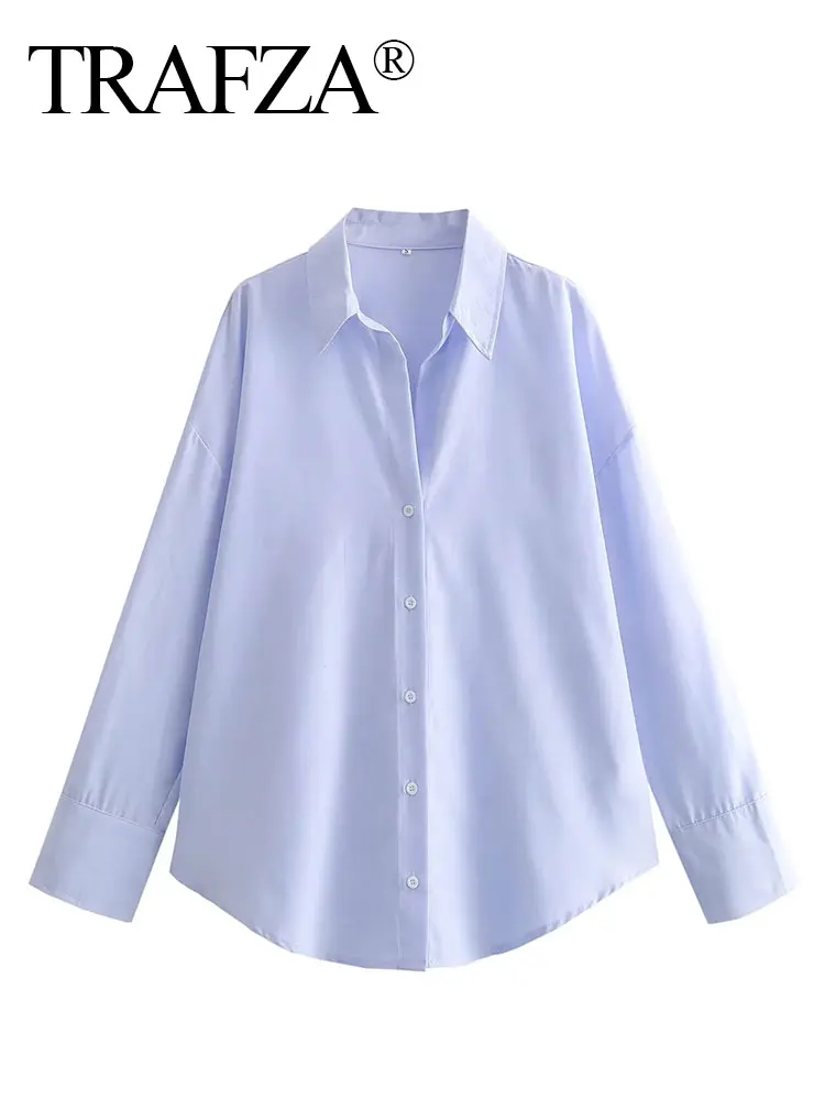 TRAFZA Women Casual Shirt Office Lady Blue Blouse Turn Down Long Sleeve Loose Single Breasted Shirts Elegant Female Chic Top