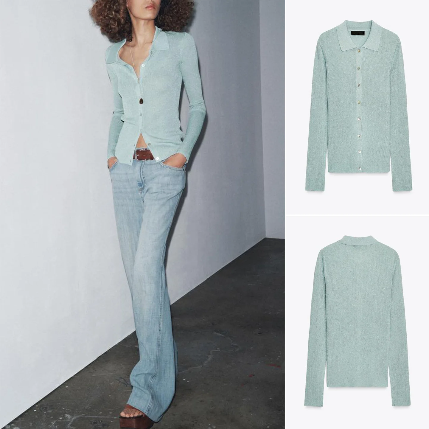 Laid-ba Sle Long Sve Metal Color Knit  irt New Autumn 2025 Women's Slim Fit Polyester Fiber Open Cardigan