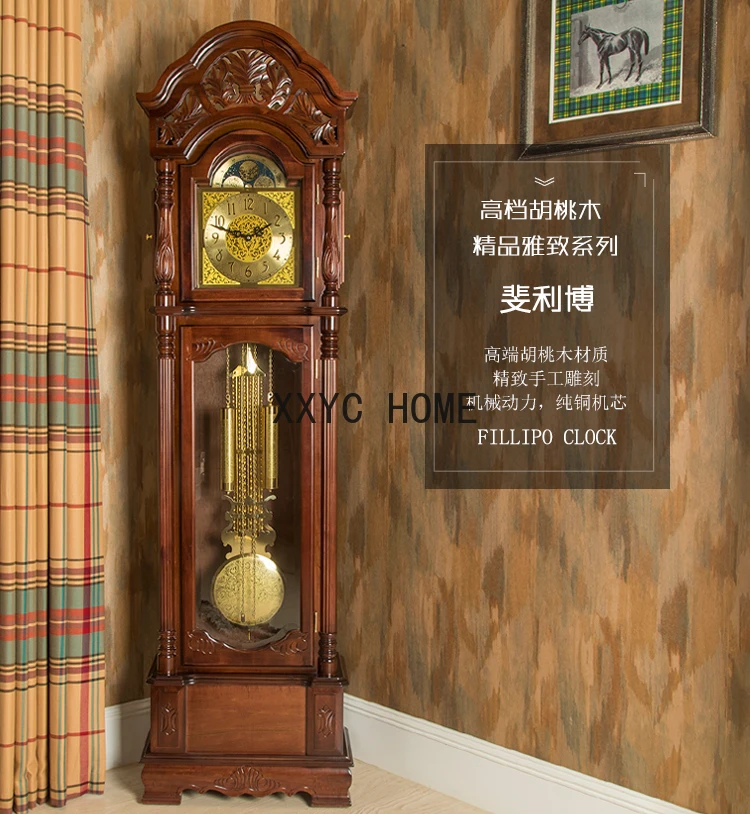 Solid Wood Hand Carved Retro New Chinese Style Time Reporting Mechanical Clock Modern Simple European