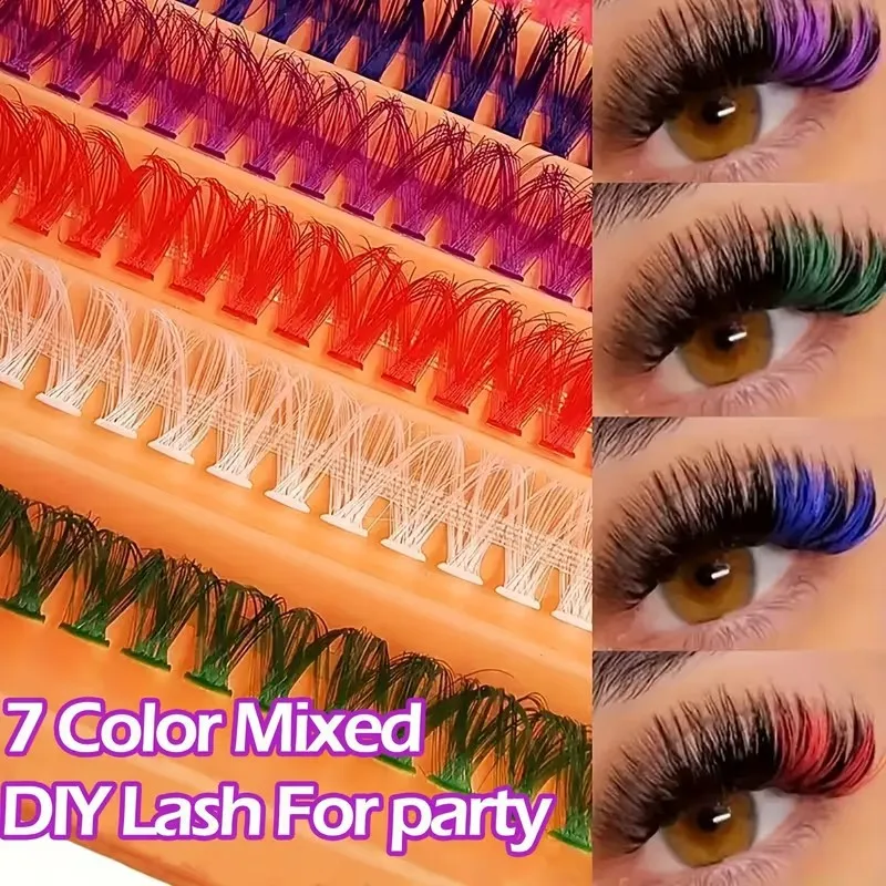 Rainbow-colored False Eyelashes 7 Rows D Curl Lash Exrtensions Creative Segmented Lashes Fluffy Thick DIY Big Eyes Eyelashes