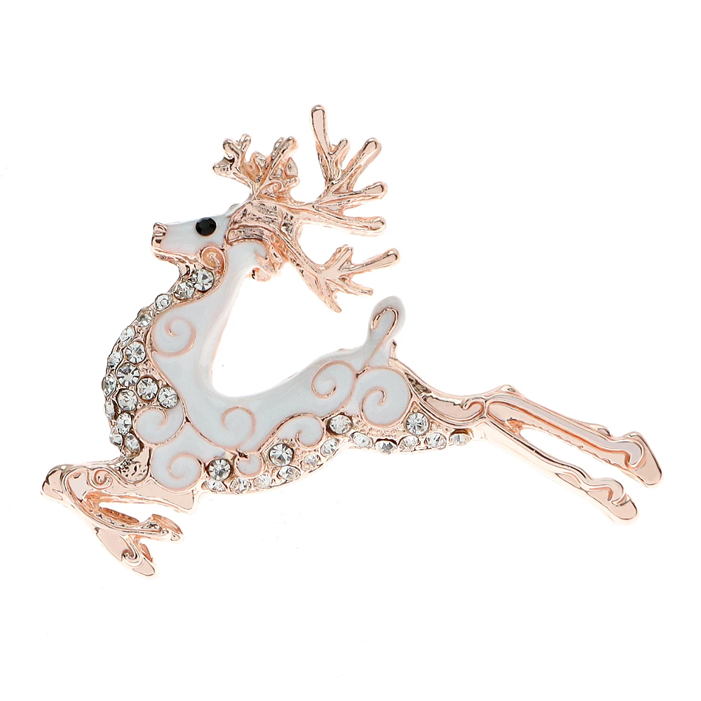 CINDY XIANG Rhinestone Running Deer Brooch White Enamel Animal Pin Fashion Jewelry