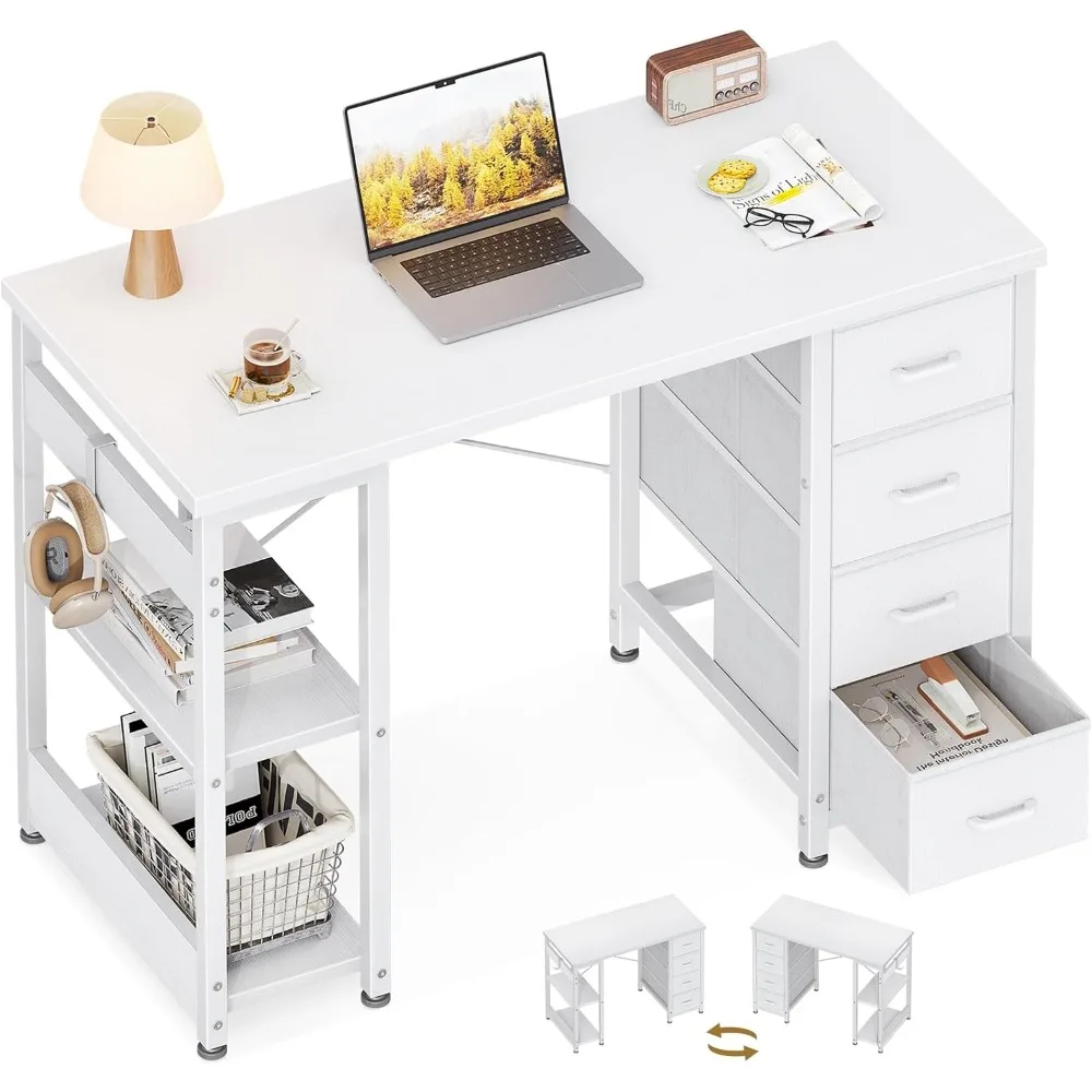 

40 Inch Small White Computer Desk with 4 Fabric Drawers, Modern Writing PC Desk for Small Spaces, Home Office Study Table with