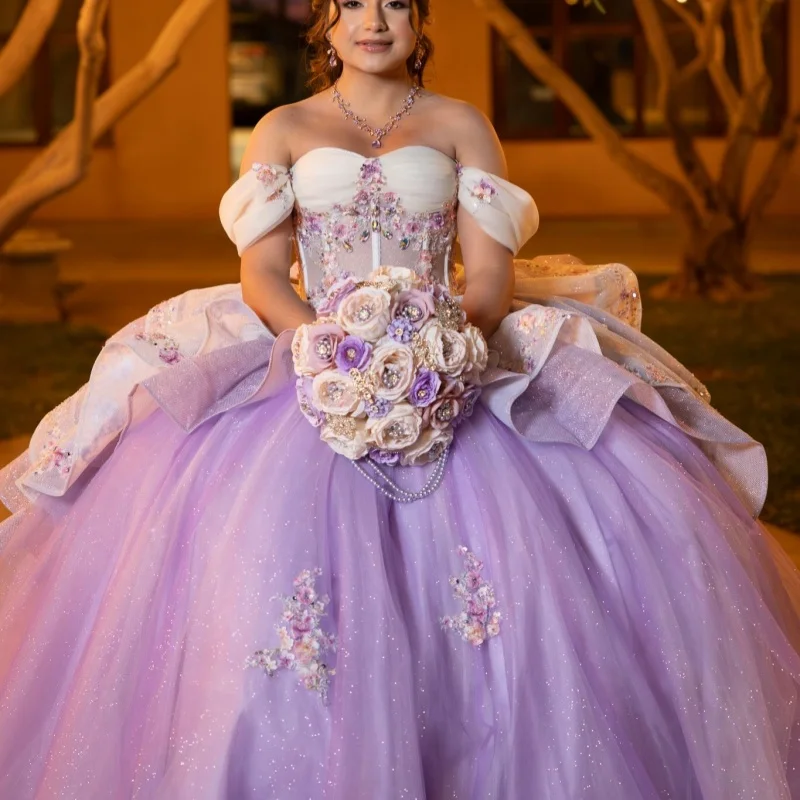 

Lavender Quinceanera Dresses Off the Shoulder Crystal Glitter Decal 3D Flower Long tail Vestido De 15 Quinceanera Customize