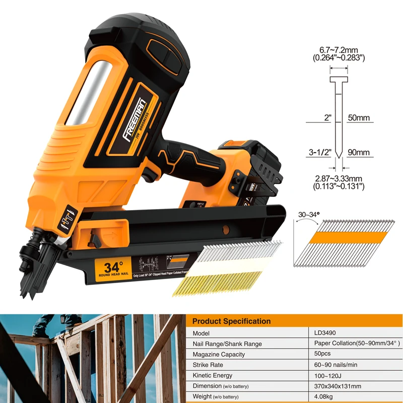 Freeman 30 - 34 Degree 50/90MM Professional Industrial 20V Battery Powered Electric 9034 Cordless Nailer Framing Nail Gun