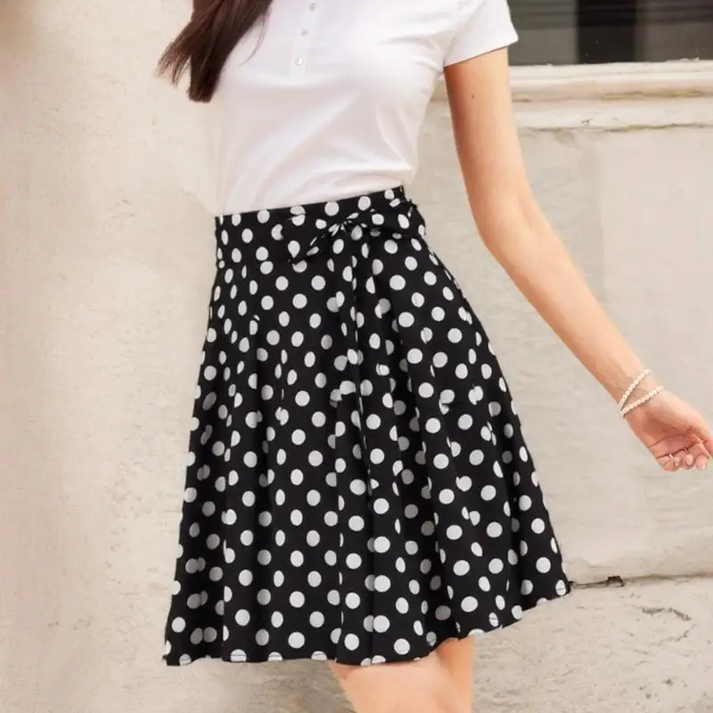

Y3NE Retro Dot Print Midi Skirt Polyester Stretch Comfortable High Waist Pleated Skirt Vintage Women Casual Skirt