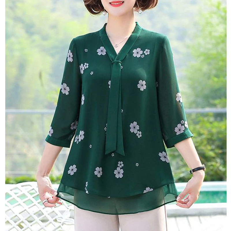 Women\'s Clothing Bow Tie Floral Print Elegant Fashion Blouses Summer V Neck Three Quarter Sleeve Ladies Tops Loose Casual Shirts