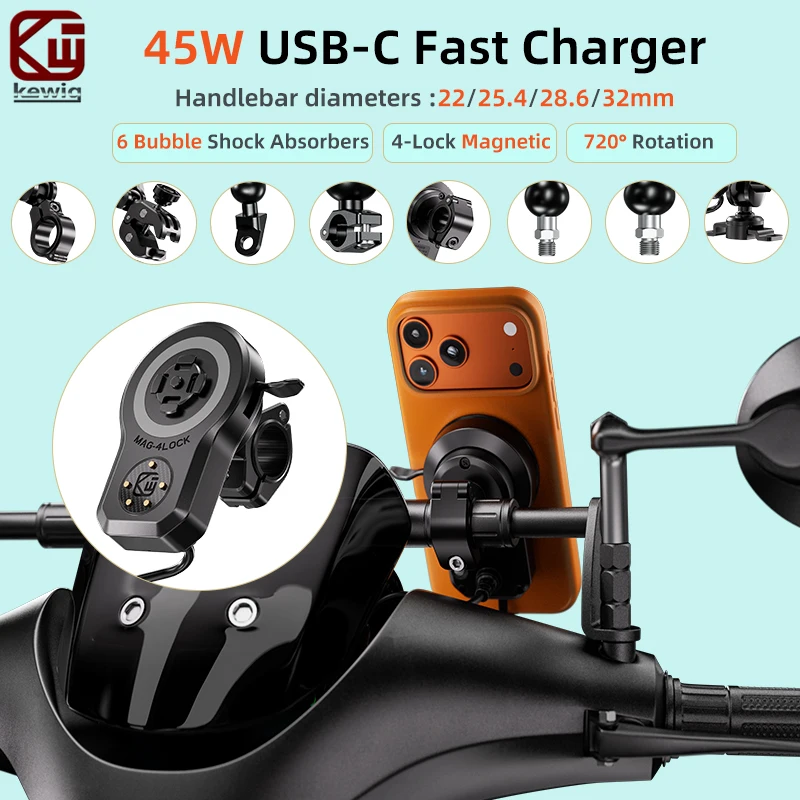 Kewig M37-A5 Motorcycle Phone Holder 45W USB C Fast Charger Vibration Dampener Anti-Theft 720° Rotation Magnetic Phone Mount
