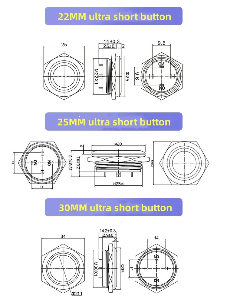 12/16/19/22/25/30mm Ultra Short Metal Button Switch Micro Instantaneous Reset Waterproof Power5V6V12V24V 1NO LED Light  Red Blue