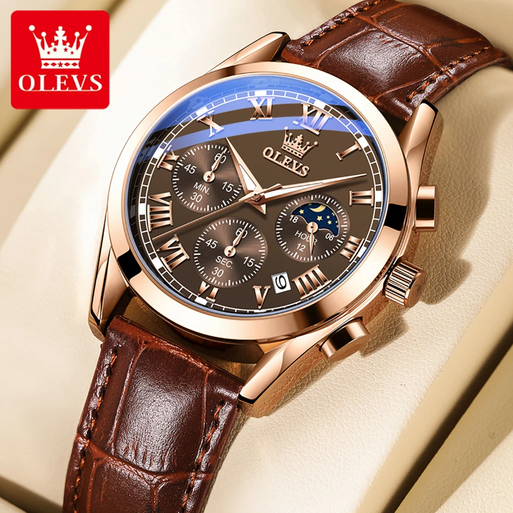 

OLEVS 2871 Fashion Quartz Wrist Watch for Men Luxury Breathable Leather Strap Multi-functional Waterproof Luminous Man Watch