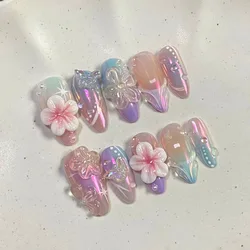 24Pcs Flora Almond Press on Nails with Glue Mori Girl Nail Art Ballet Rural Style Full Cover Wearable Acrylic Nail Manicure Tips