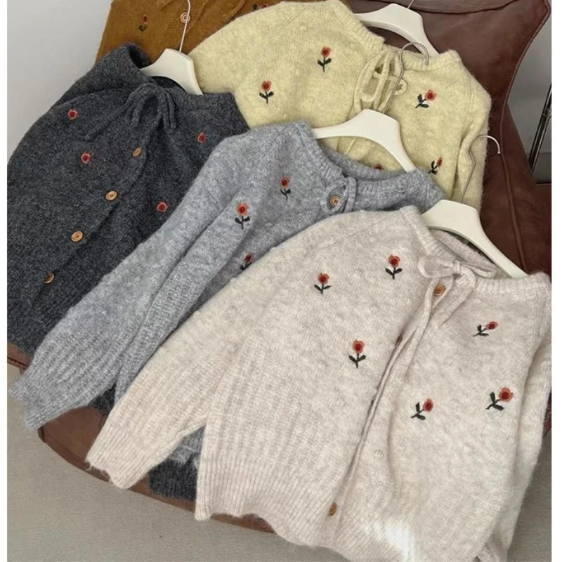 

Women Knitted Cardigan Sweaters Bow Jumpers Single Breasted Pocket Long Sleeve Round Collar Loose Fit Casual 2025 Autumn Winter