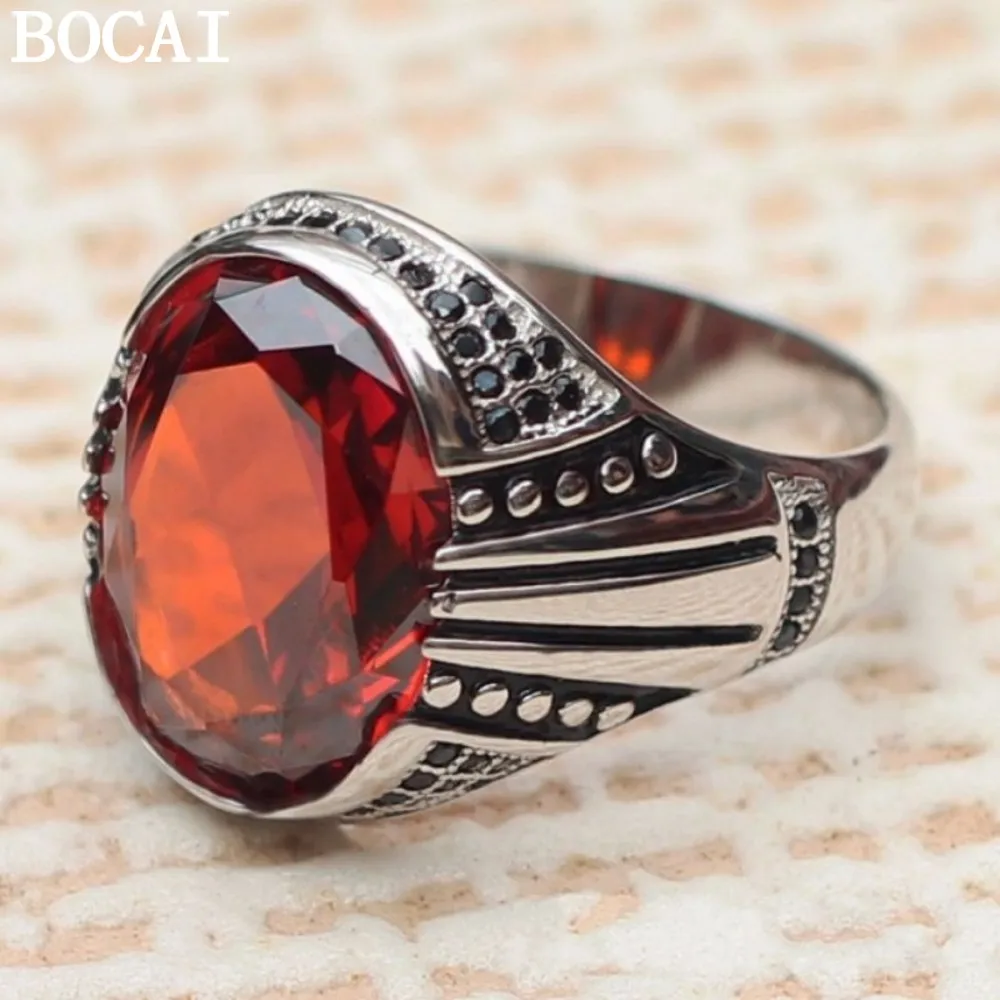 BOCAI S925 Sterling Silver Jewelry Vintage Fashion Inlaid Zircon Ring Men's Selected Gift