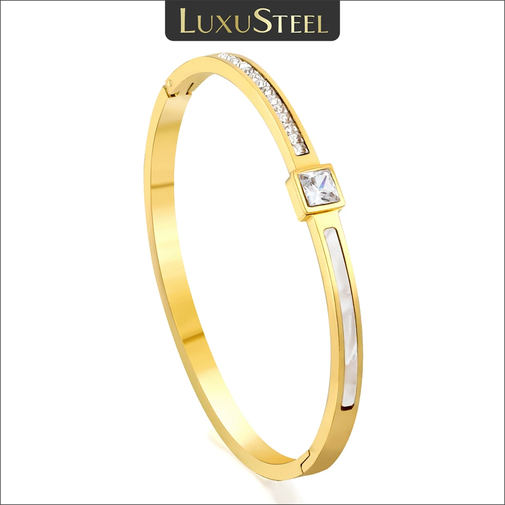 LUXUSTEEL Trendy Zircon Shell Cuff Bangles for Women Stainlesss Steel Bracelets White Rhinestone Luxury Jewelry