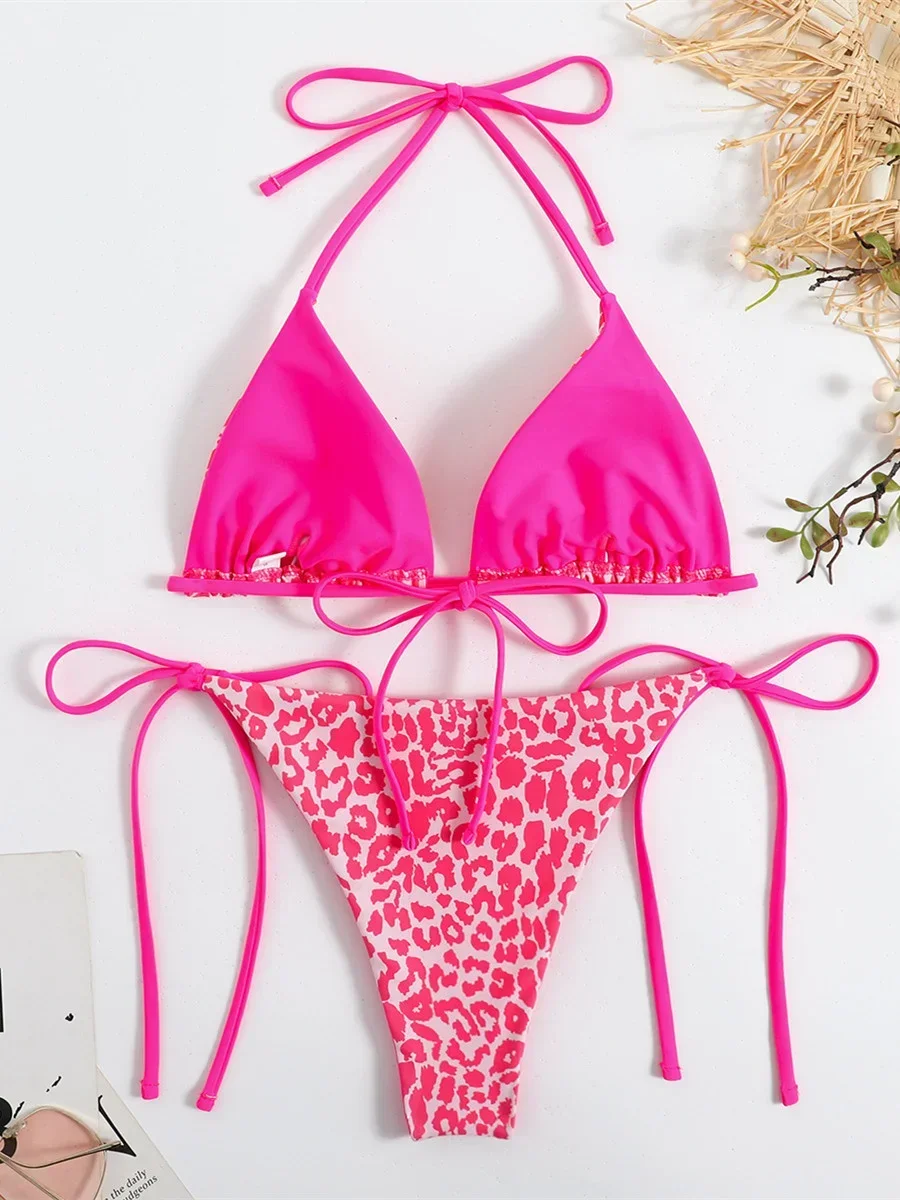 Sexy Micro Bikini 2024 Women Pink Leopard Print Neon Double Side Push Up Swimsuit Brazylijski strój kąpielowy plażowy Stringi Stroje kąpielowe