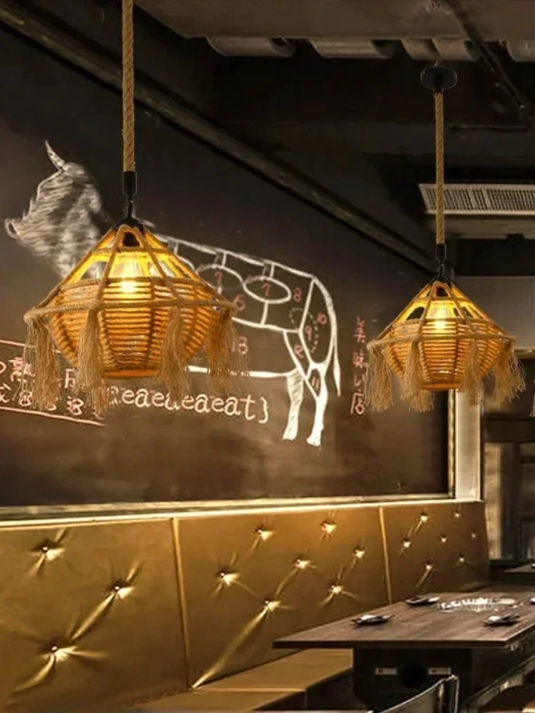 Style industriel moderne corde osier Ratten tissé pendentif LED lumières Art lampe créative pour salon décoration de la maison lustre