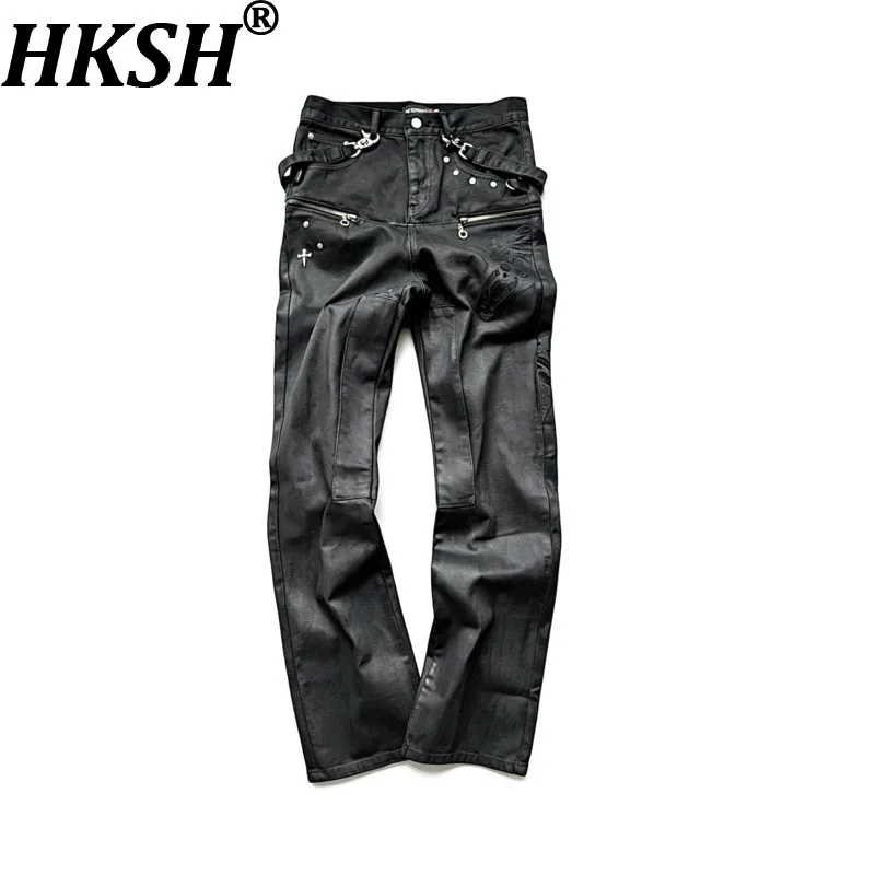 HKSH Spring Autumn New Men Tide Chic Ins Skull Dark Waxed Embroidered Tie-Up Detachable Denim Pants Gothic Fashion Jeans HK28458