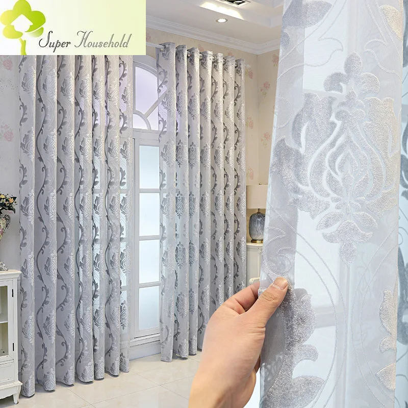 European Gray Jacquard Hollow Out Tulle Curtains for Living Room Bedroom Window Elegant Drapes Kitchen Home Decor SP7#78