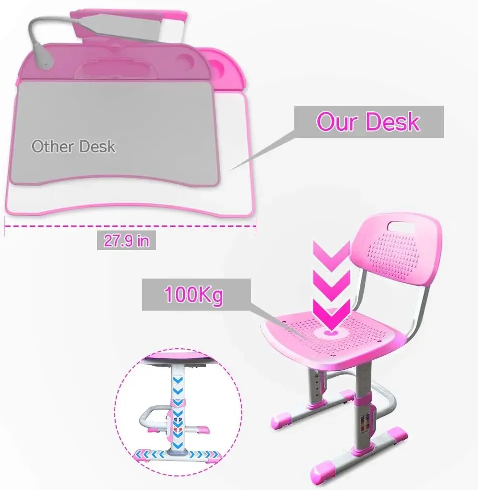 Kids Desk and Chair Set, Height Adjustable Kids Study Desk for Bedroom, Desk for Kids with Tiltable Desktop, 3 Modes Ligh