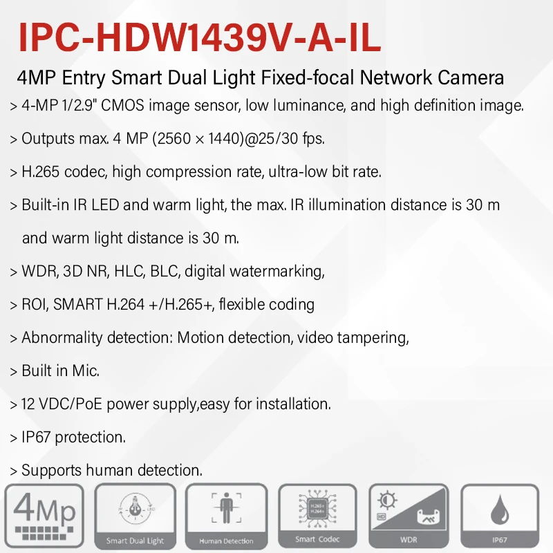 Dahua 4MP Smart Full Color Entry Network Camera With Warm LED7IR Light Microphone Human Detection DC12V PoE CCTV HDW1439V-A-IL