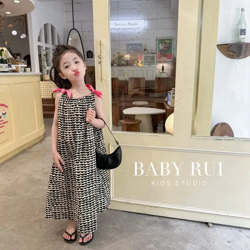 

2023 Summer Overall Dresses A-line Mid-calf Length Pullover Print Bowknot Cotton Sweet Fashion Korean Casual Designable Girls