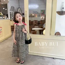 2023 Summer Overall Dresses A-line Mid-calf Length Pullover Print Bowknot Cotton Sweet Fashion Korean Casual Designable Girls
