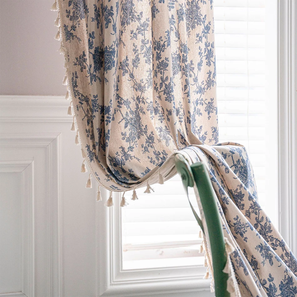 Cotton Linen Tassel Curtains Blue Flower Shading Curtains for Kitchen Bedroom Living Room Bay Window Cabinet Curtain