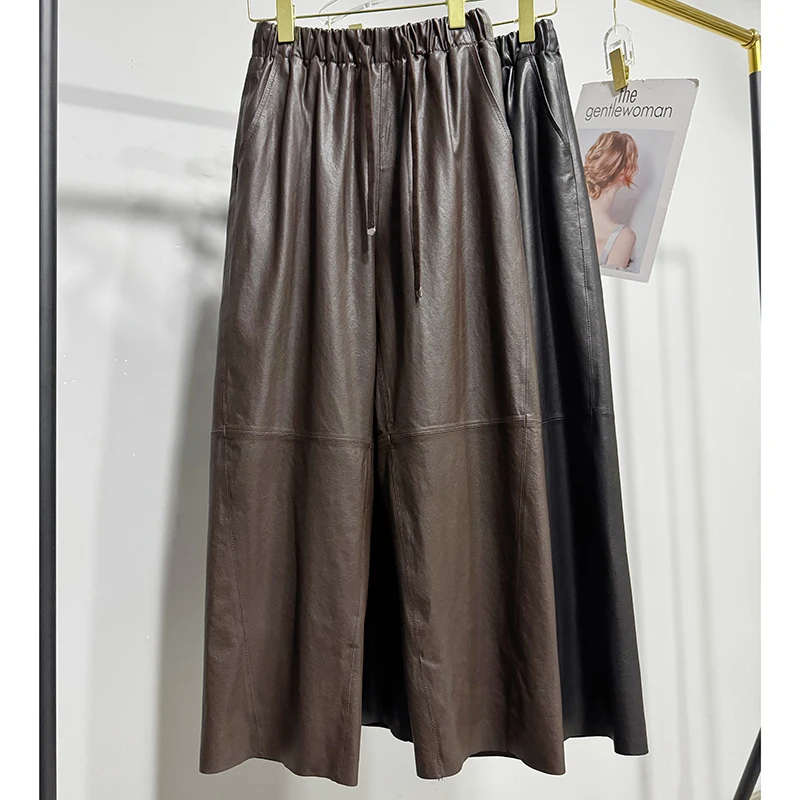 

Кожаные брюки женские из овчины растительного дубления тонкие и мягкие повседневные универсальные черные/кофейные прямые длинные брюки укороченные брюки