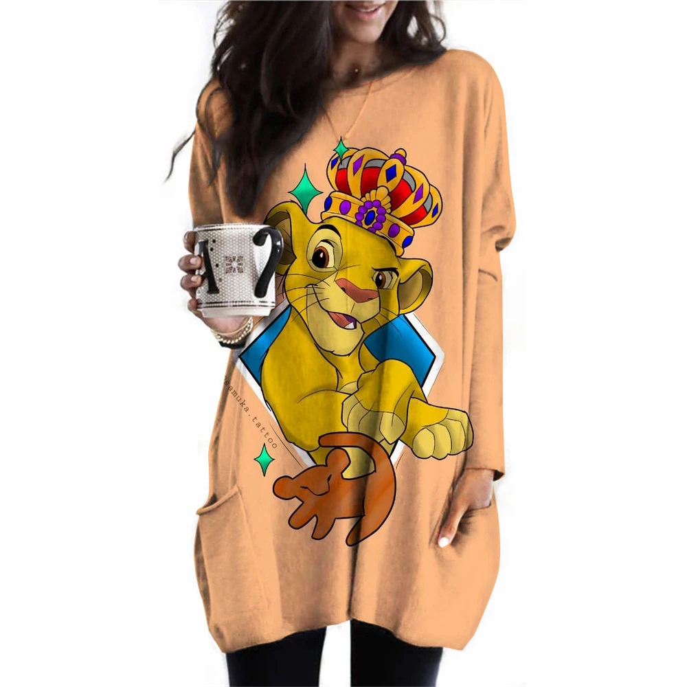 2024 Spring/Autumn Long Sleeve T-shirt Disney Lion King Printed Women's Top Women's Cartoon Printed Pocket T-shirt