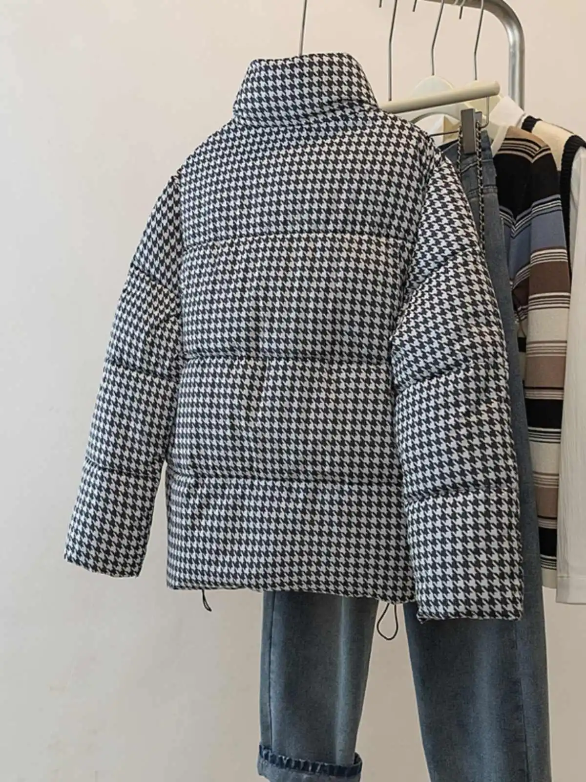 Houndstooth Cotton Jacket Women 2024 Autumn  Winter New Loose Long Sleeve Coat Fashion Stand Up Collar Thickened Warm Coat