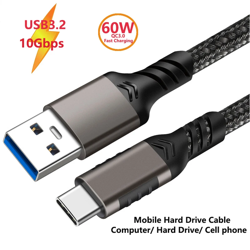 USB3.2 10Gbps Type C Cable USB A to Type-C 3.2 Data Transfer USB C SSD Hard Disk Cable PD 60W 3A Quick Charge 3.0 Charge Cable